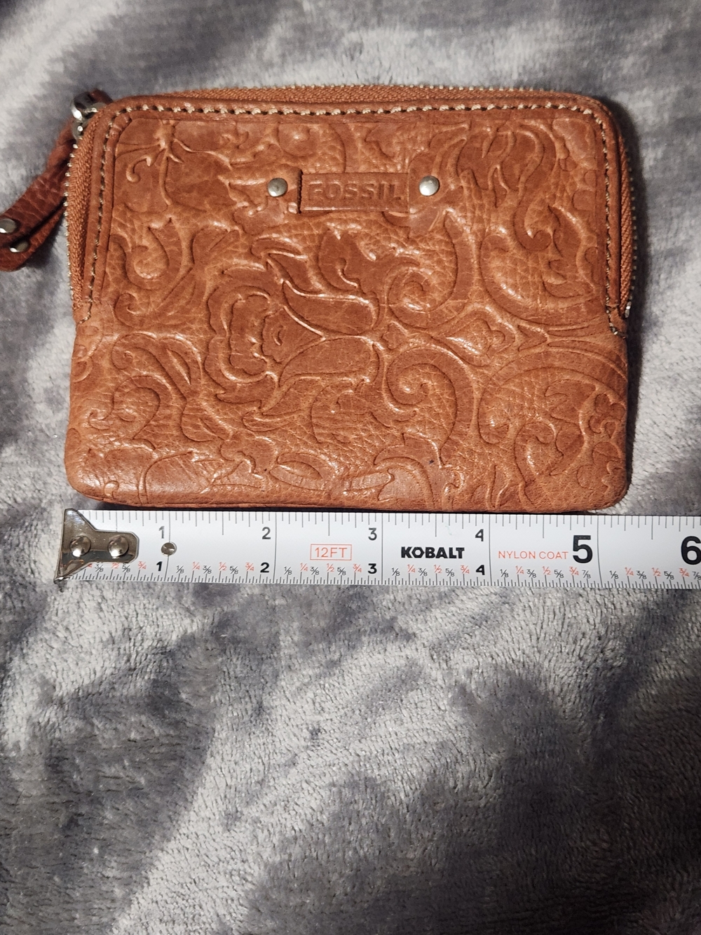 Fossil Embossed Leather Zip Coin Wallet - Cognac Brown